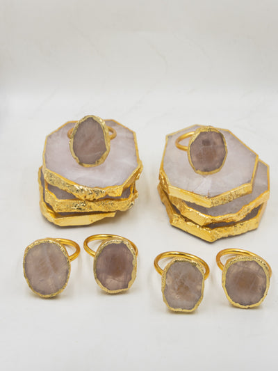 Rose Quartz Coasters and Napkin Rings Set of 6 –  Natural Stone Drink Coasters & Napkin Holders – Tableware Gift Hamper for Dining