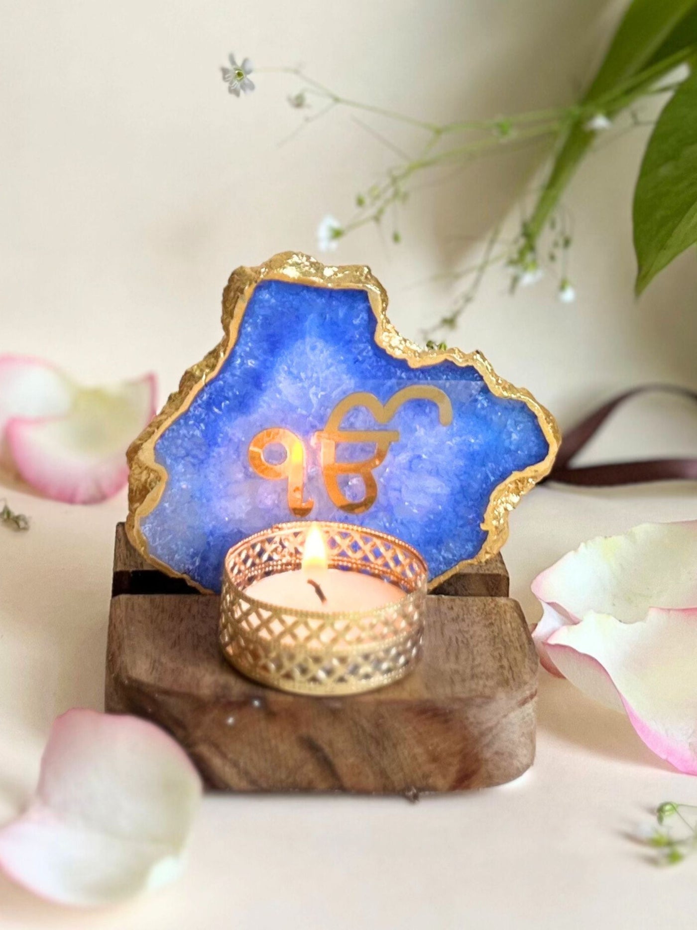 Ik Onkar Tea Light Holder Blue Agate with Wood