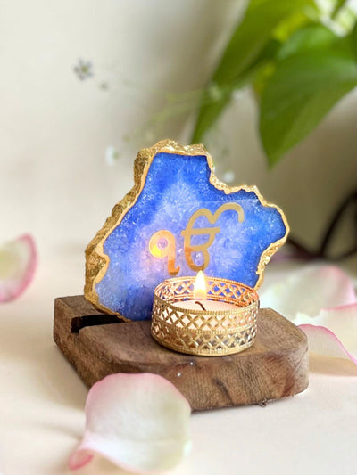 Ik Onkar Tea Light Holder Blue Agate with Wood