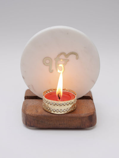Tea Light Holder - Marble & Wood with Ik Onkar