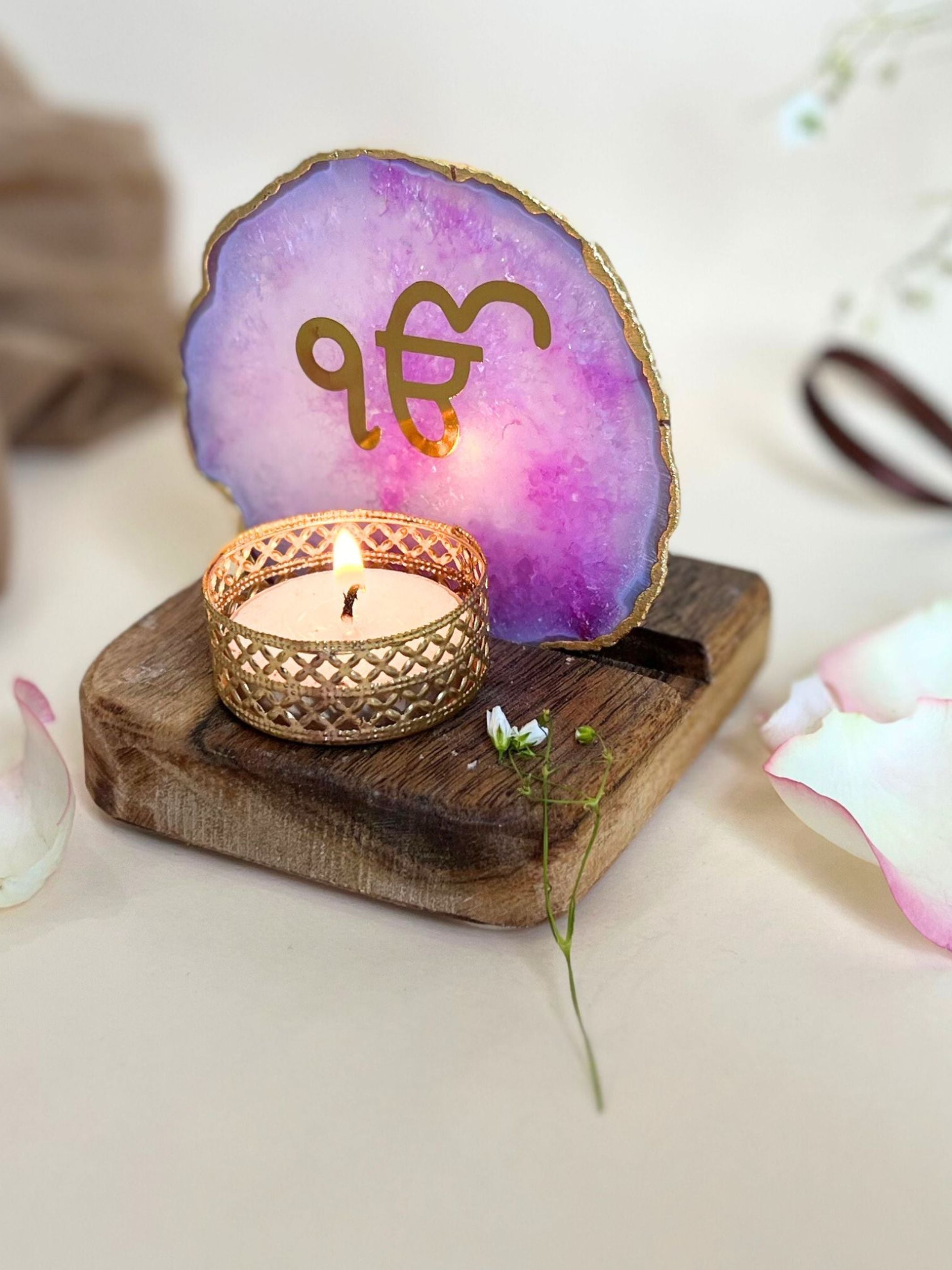 Ik Onkar  Agate with Wood - Tea Light Holder