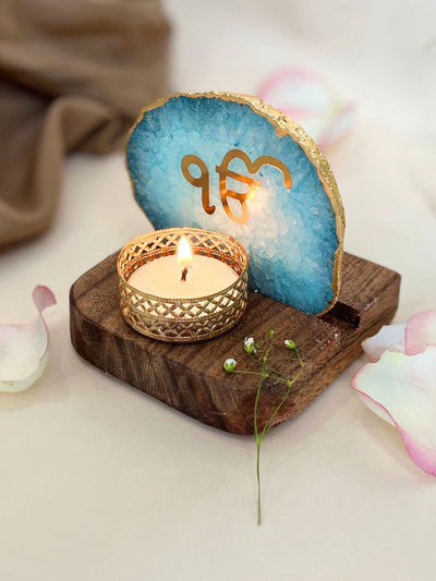 Ik Onkar Tea Light Holder Turquoise Agate with Wood