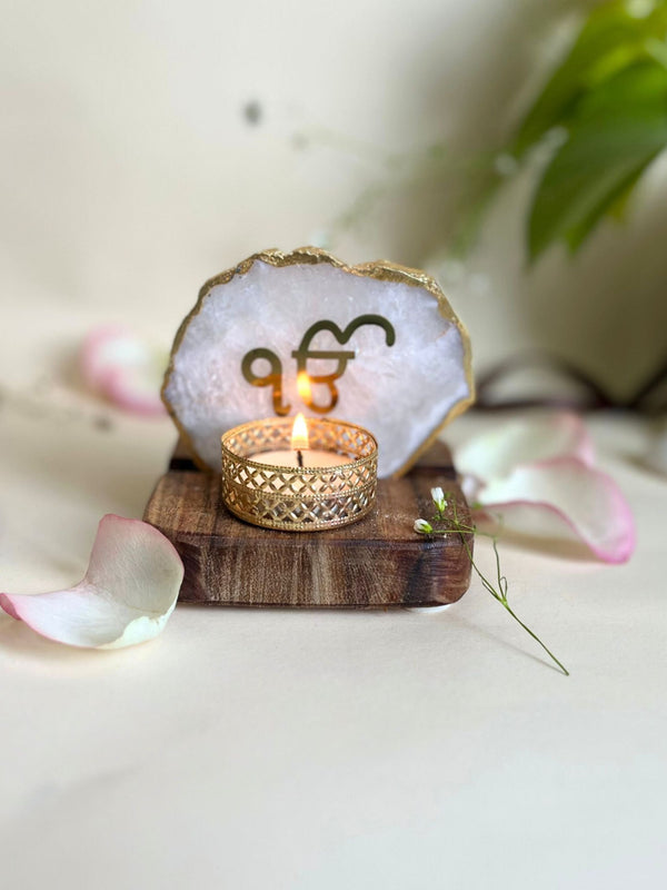 Ik Onkar  Agate with Wood - Tea Light Holder