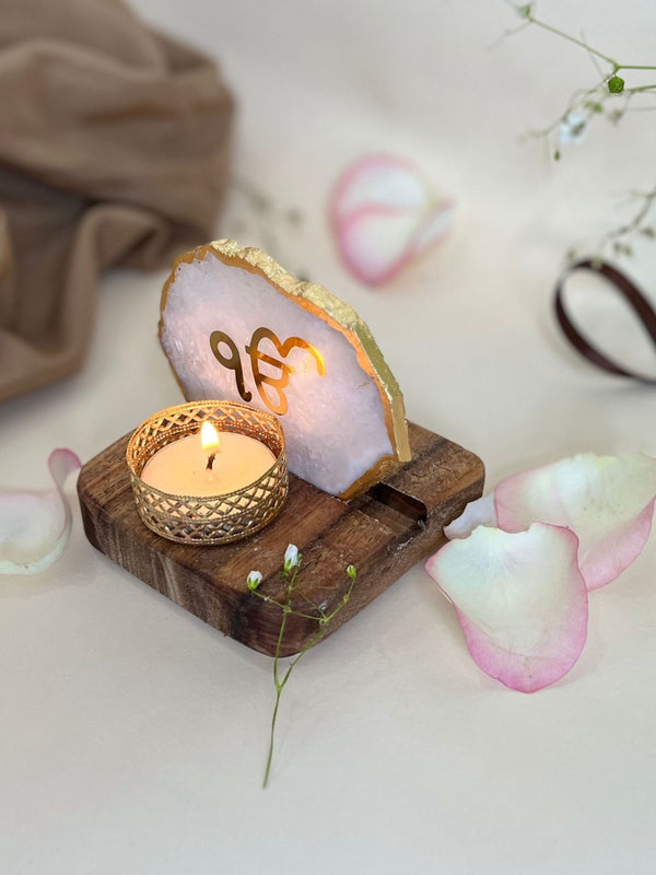 Ik Onkar  Agate with Wood - Tea Light Holder