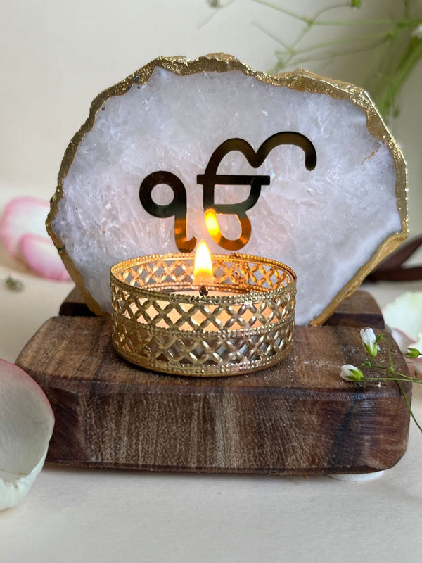 Ik Onkar  Agate with Wood - Tea Light Holder