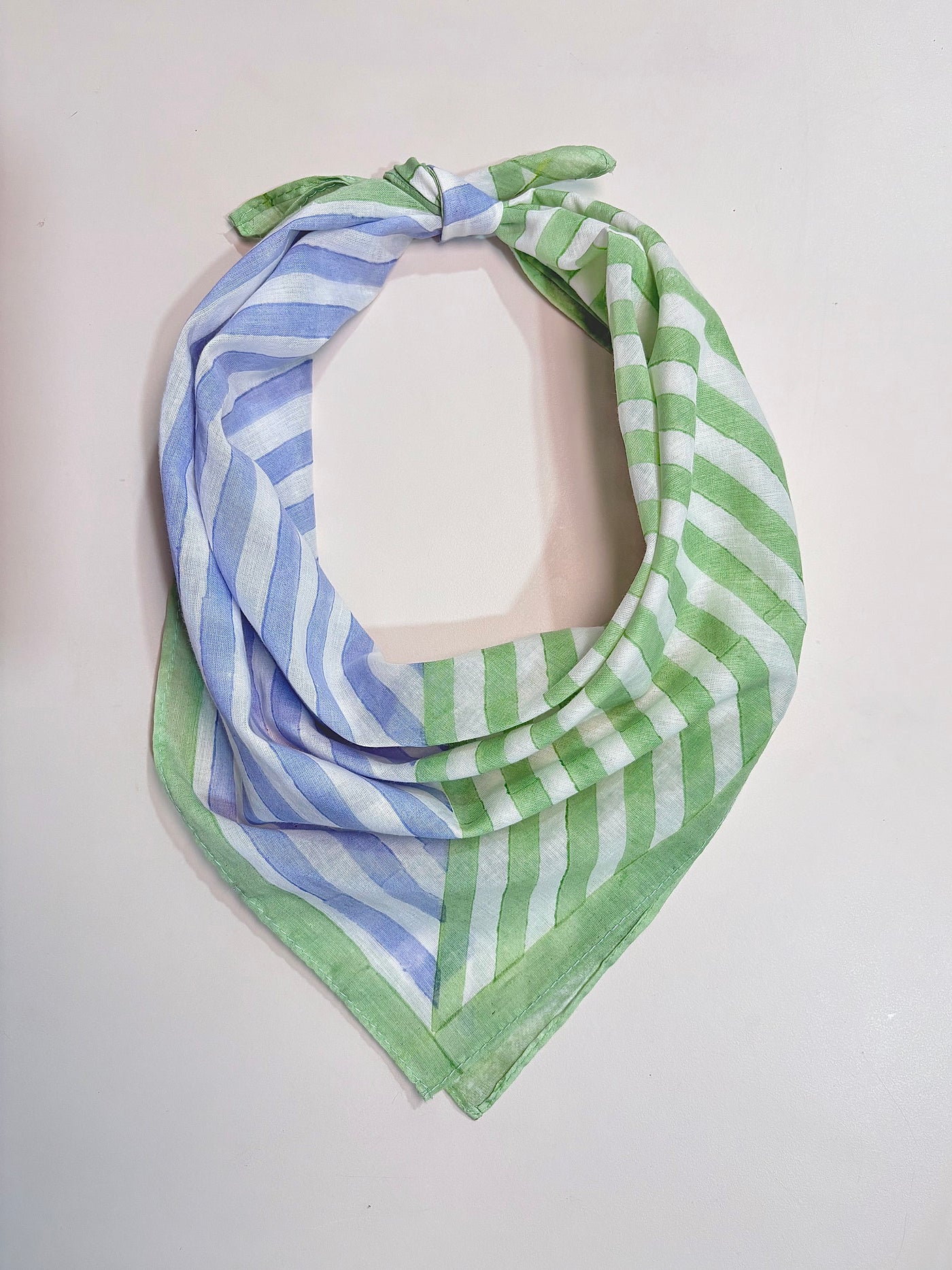 Blue & Green Stripes Bandana I Cotton Square Scarf