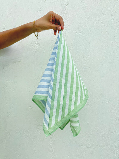 Blue & Green Stripes Bandana I Cotton Square Scarf