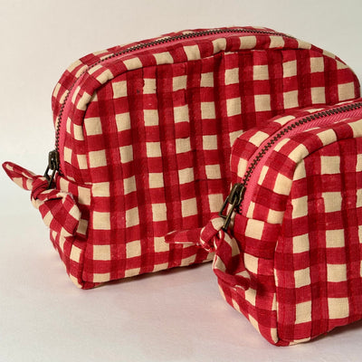 Sustainable Quilted Cotton Travel Pouch Set l Red Checks Classic Organiser Set