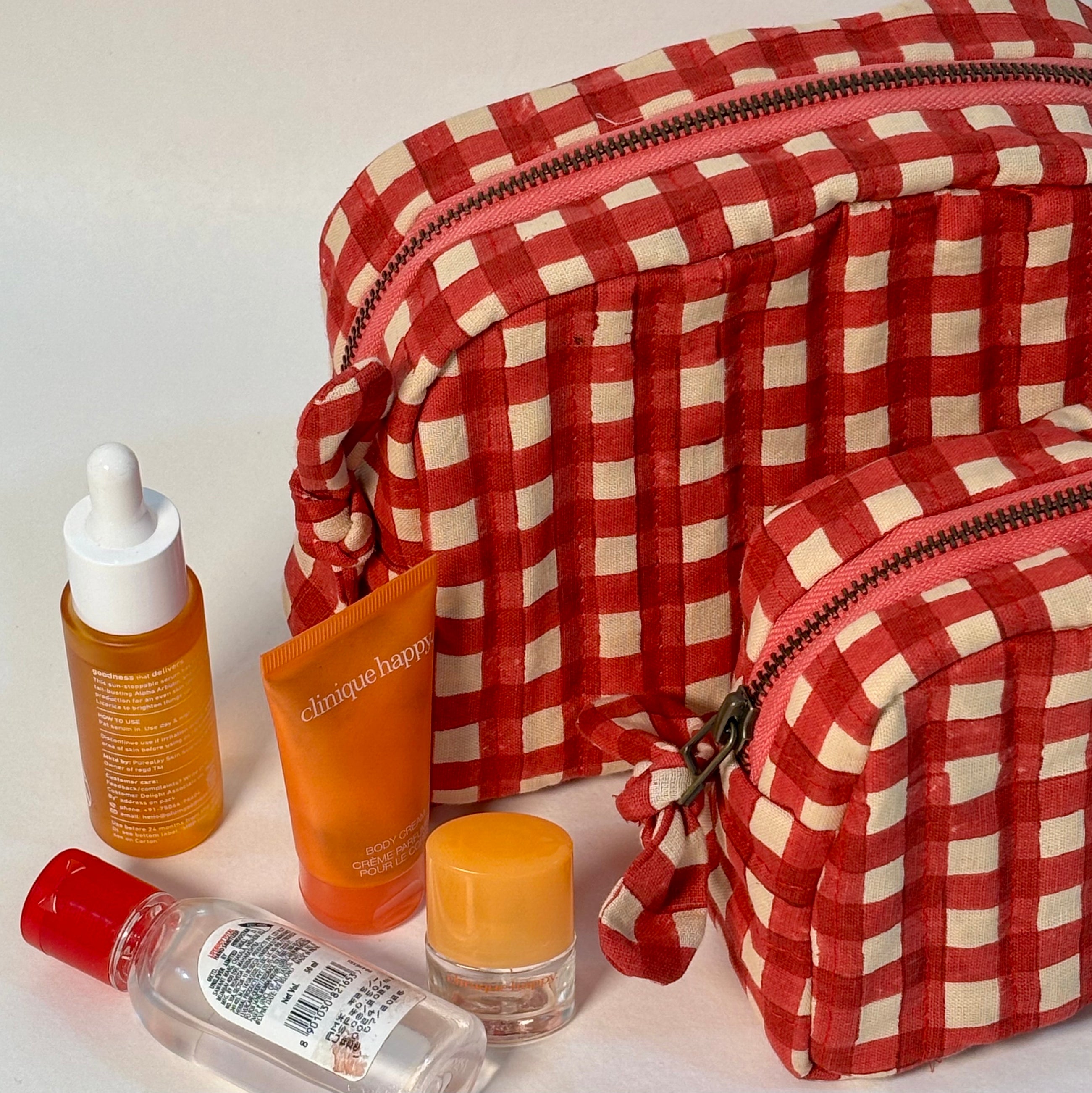 Sustainable Quilted Cotton Travel Pouch Set l Red Checks Classic Organiser Set