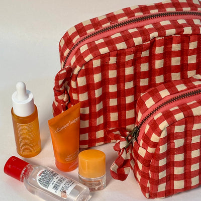 Sustainable Quilted Cotton Travel Pouch Set l Red Checks Classic Organiser Set