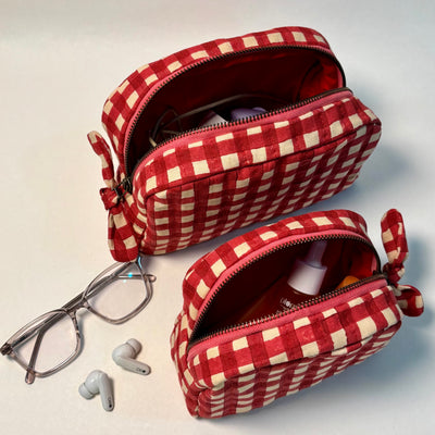 Sustainable Quilted Cotton Travel Pouch Set l Red Checks Classic Organiser Set