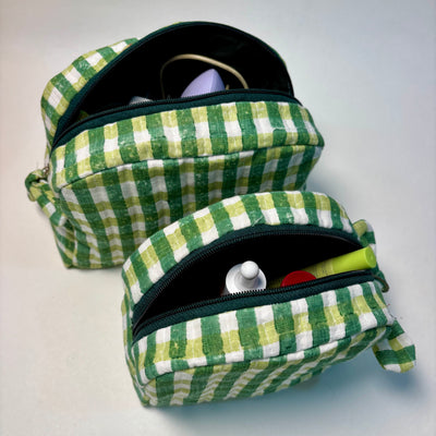 Sustainable Quilted Cotton Travel Pouch Set l Green Checks Classic Organiser Set