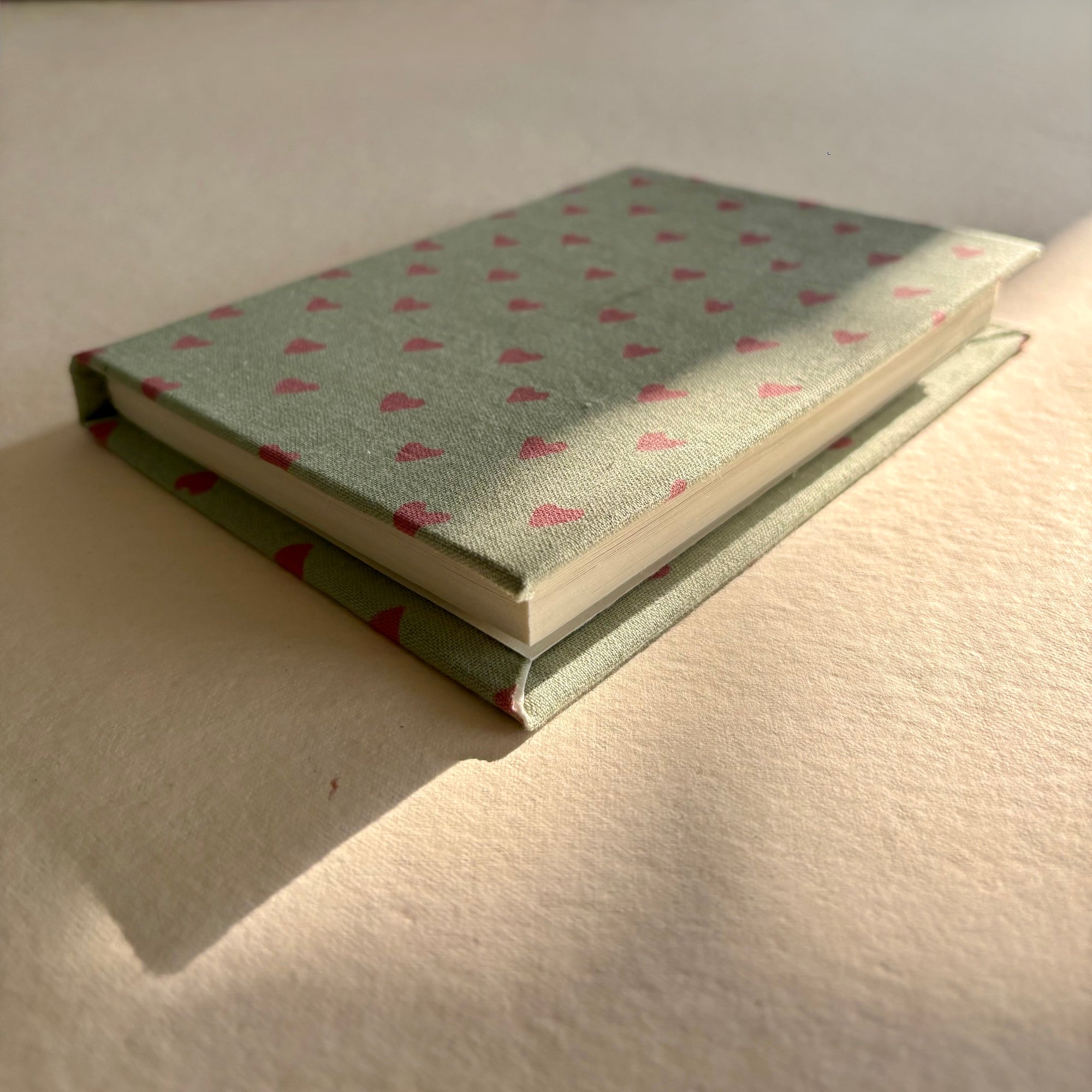 Handcrafted Sustainable A5 Diary Journal Notebook l Handmade Paper l Pink Hearts on Green