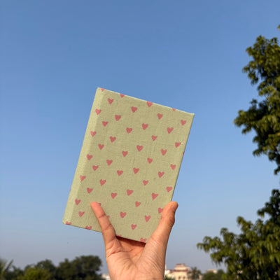 Handcrafted Sustainable A5 Diary Journal Notebook l Handmade Paper l Pink Hearts on Green