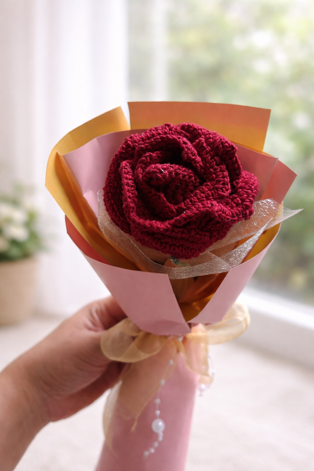 Crochet Maroon Rose Bouquet