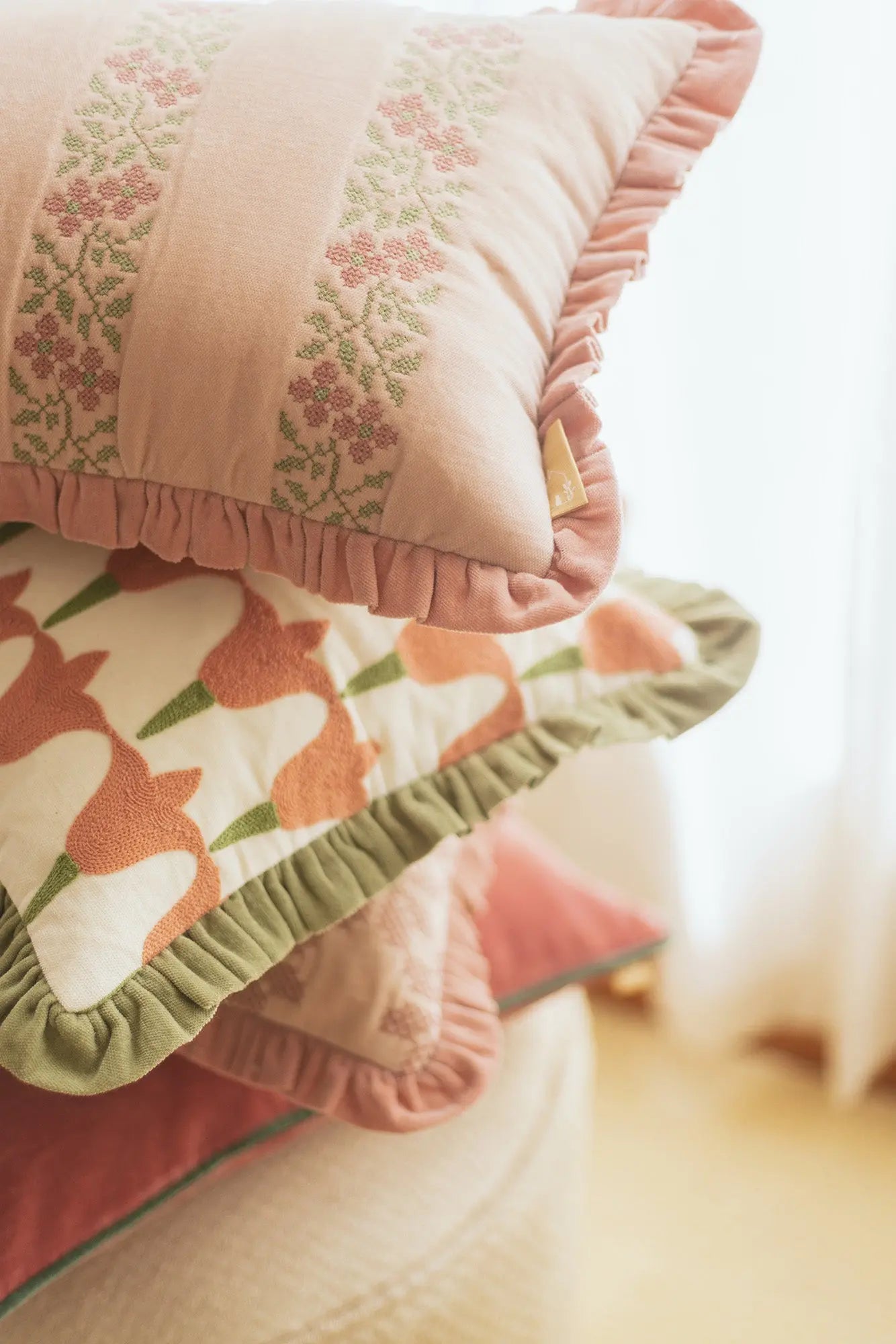 Heather Baby Pink Cross Stitch Oblong Cushion Cover
