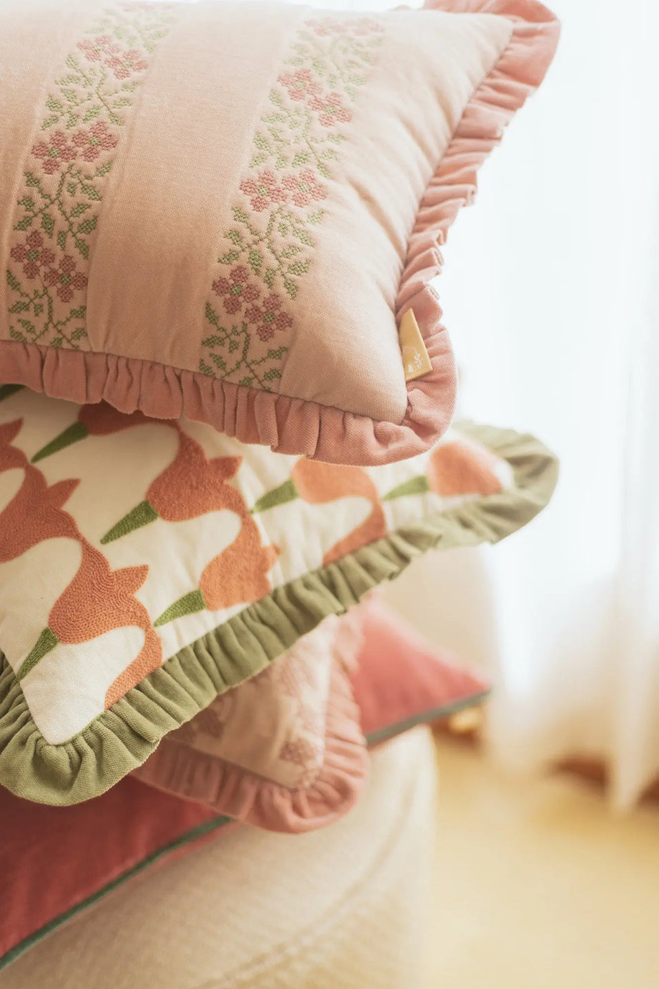 Heather Baby Pink Cross Stitch Oblong Cushion Cover