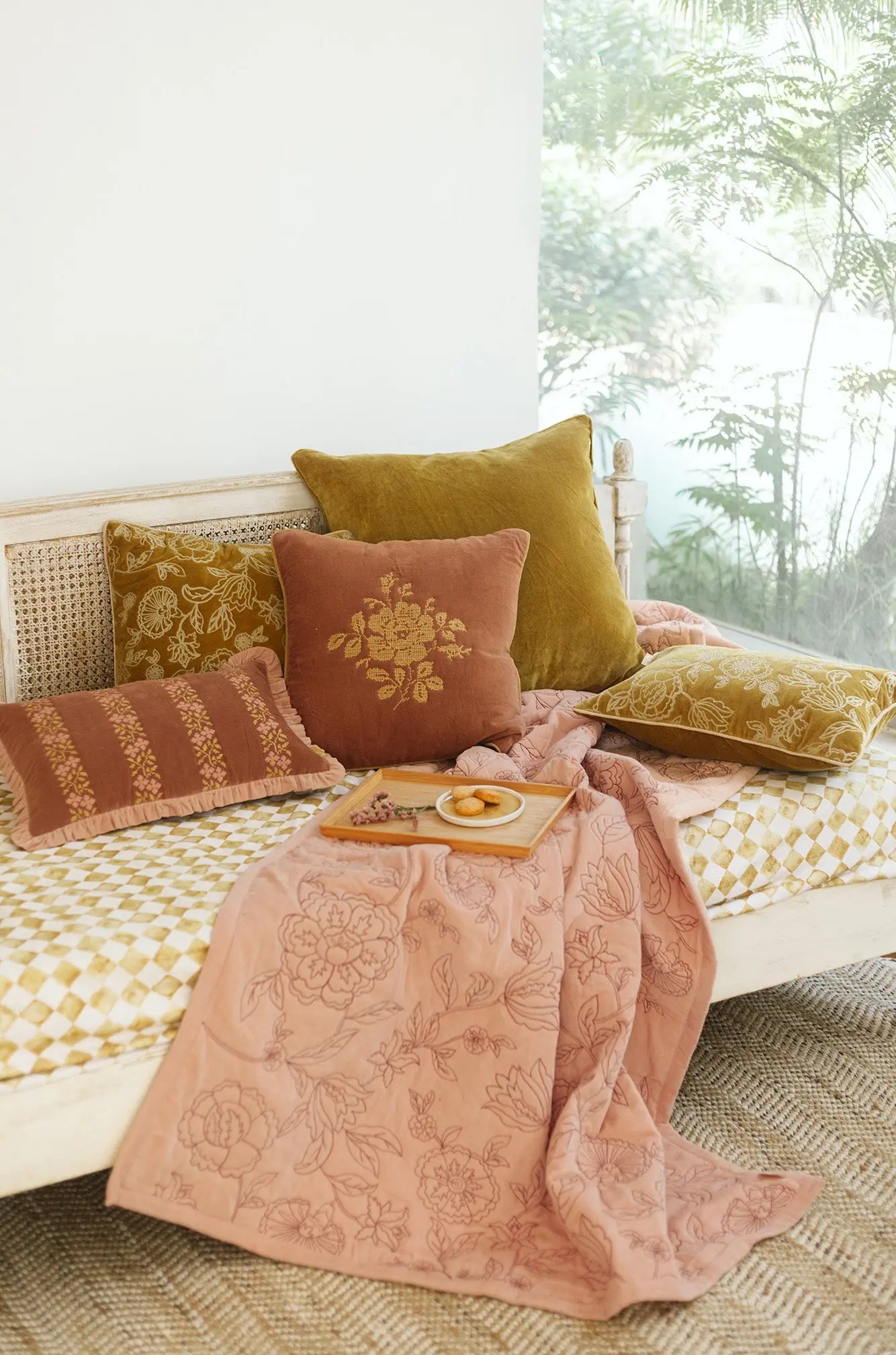 Rosabelle Chintz Soft Pink Velvet Embroidered Quilt