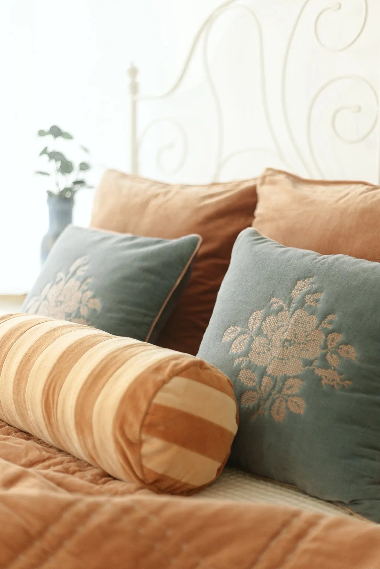 Camellia Teal Cross Stitch Cushion Cover