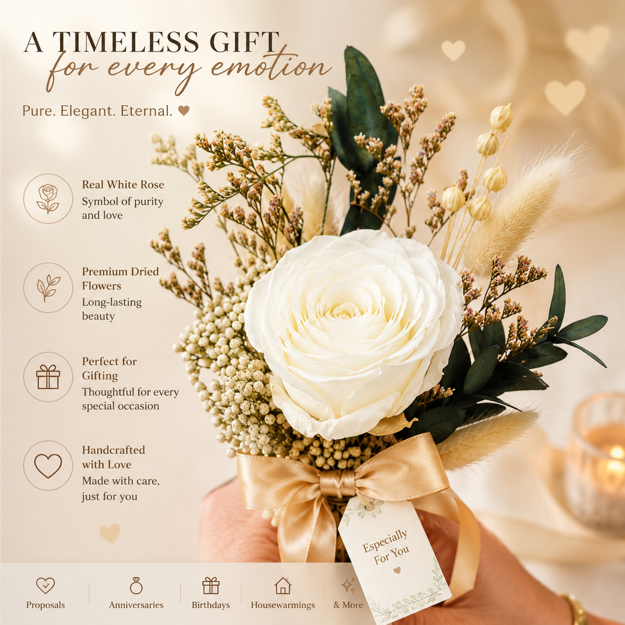 Snow Petal Preserved White Rose Bouquet | Dried Flower Gift Bouquet