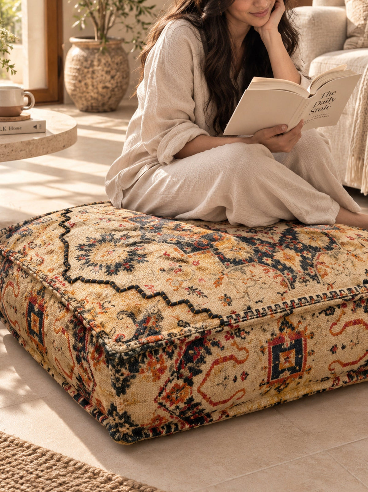 Ingrid Embroidered Square Pouffe or Floor cushion