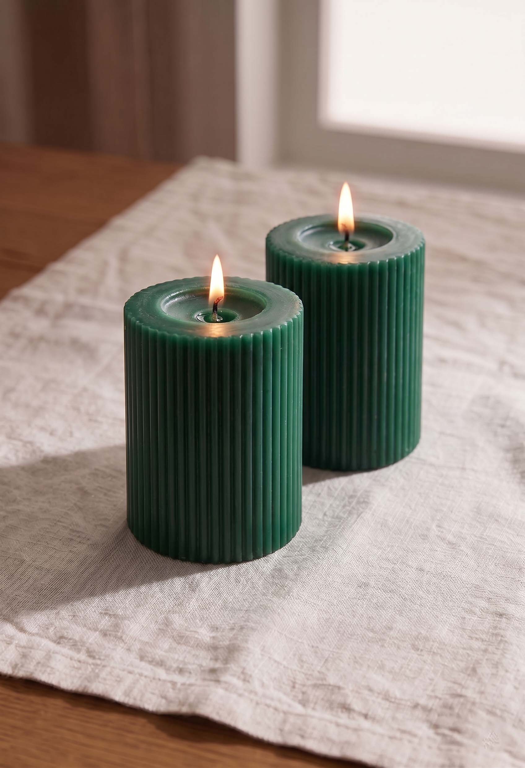 Ivory Ribbed Pillar Candles - Set of 2