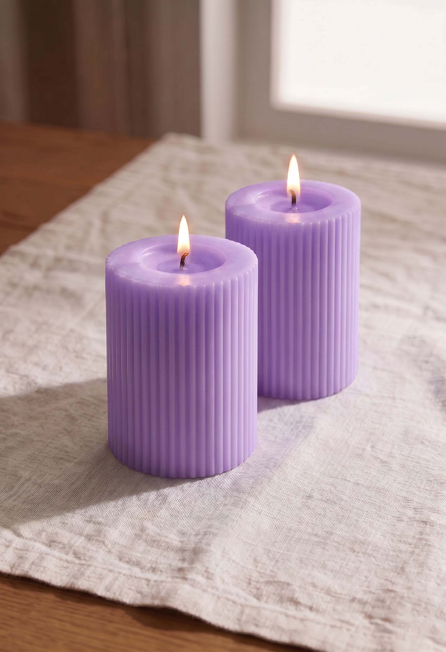 Ivory Ribbed Pillar Candles - Set of 2