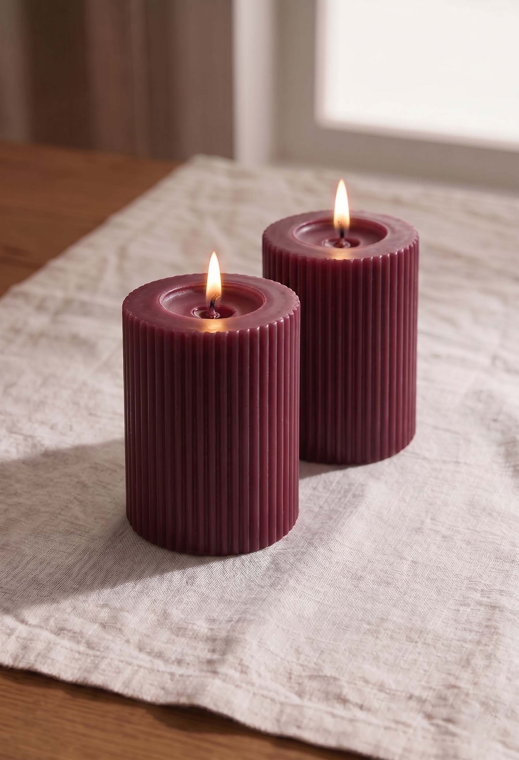 Ivory Ribbed Pillar Candles - Set of 2