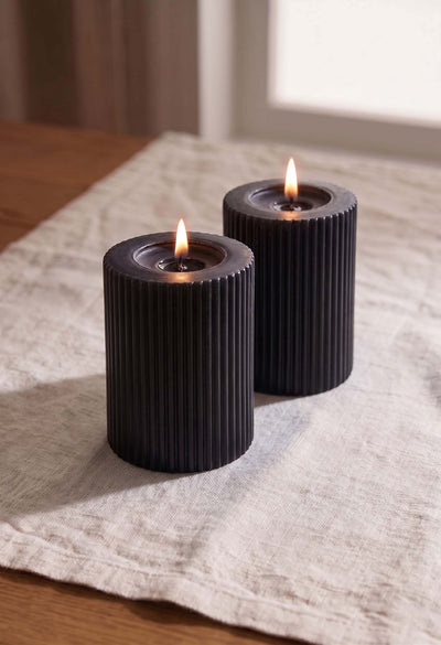Ivory Ribbed Pillar Candles - Set of 2