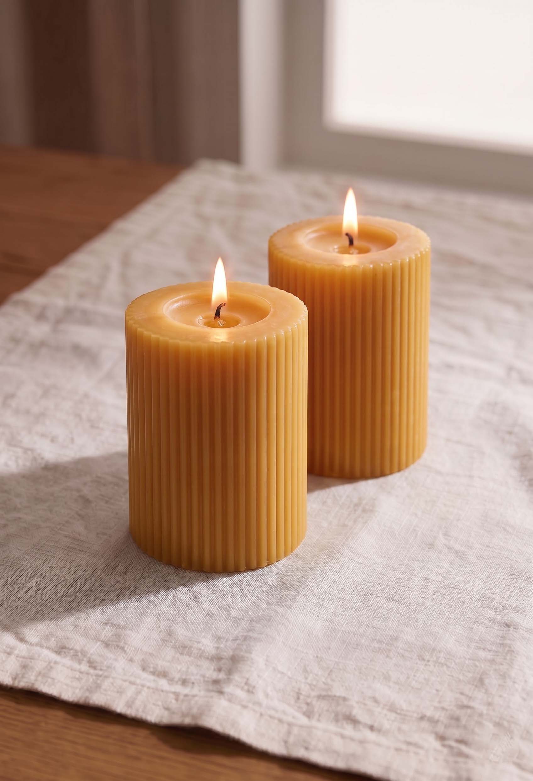 Ivory Ribbed Pillar Candles - Set of 2