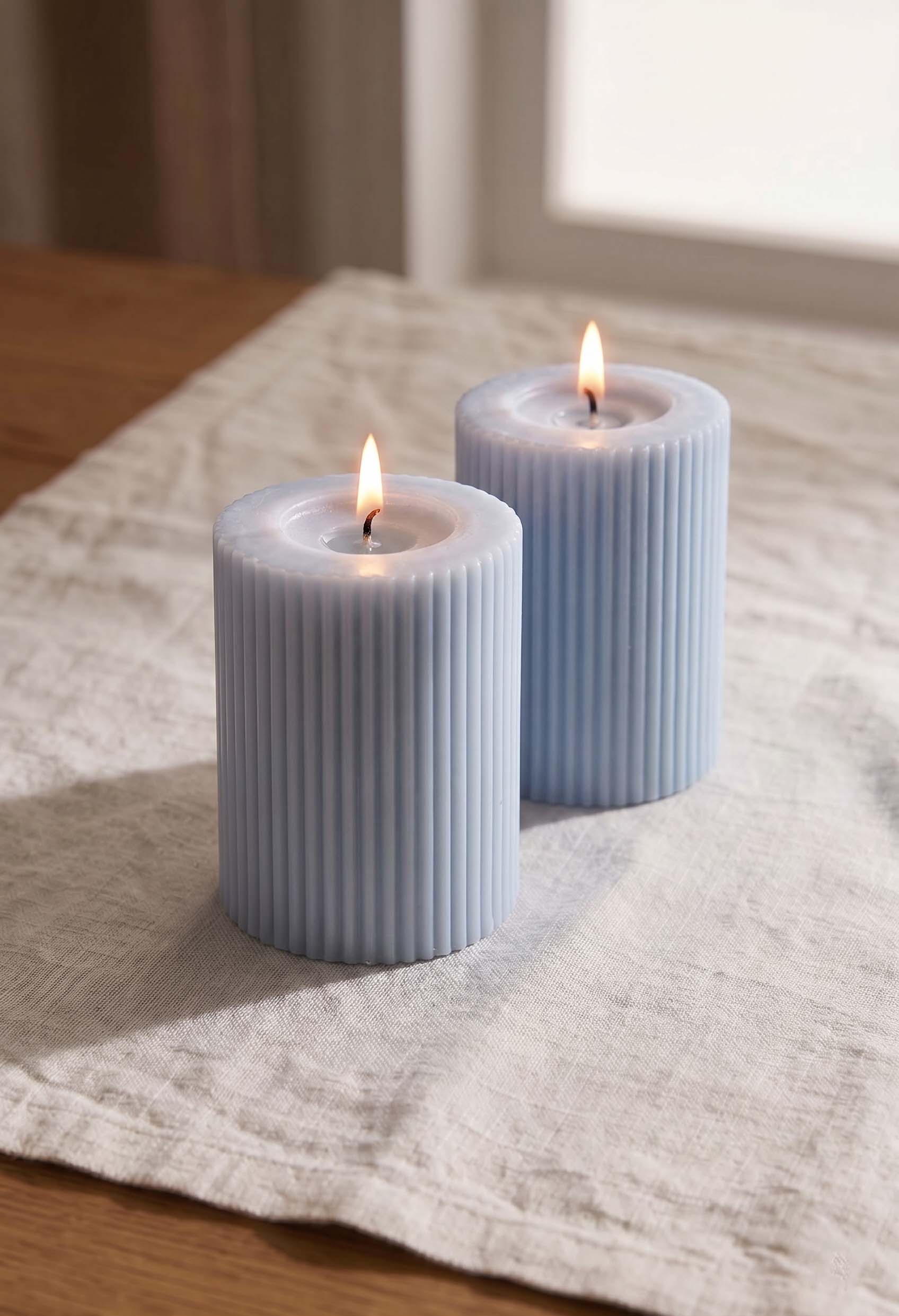 Ivory Ribbed Pillar Candles - Set of 2