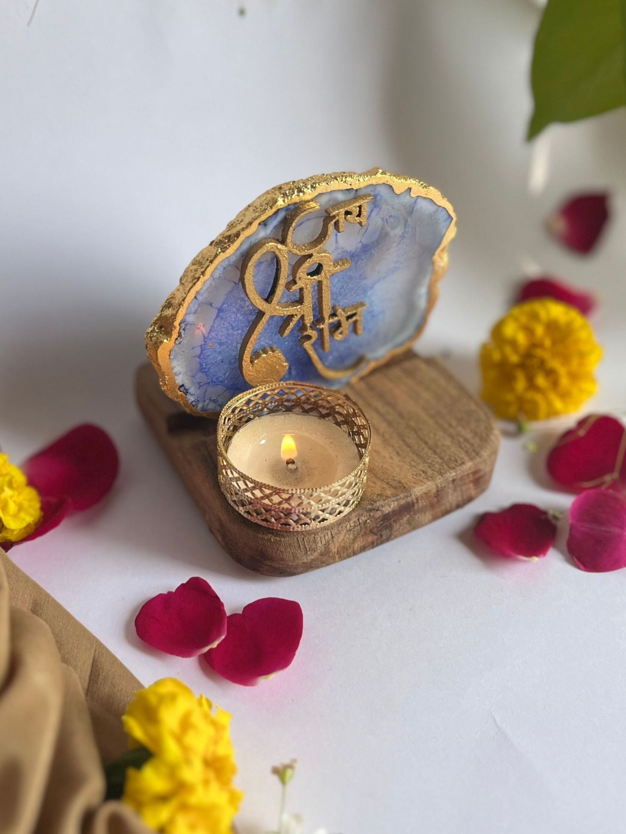 Jai Shree Ram - Agate Tea Light with Wood Stand