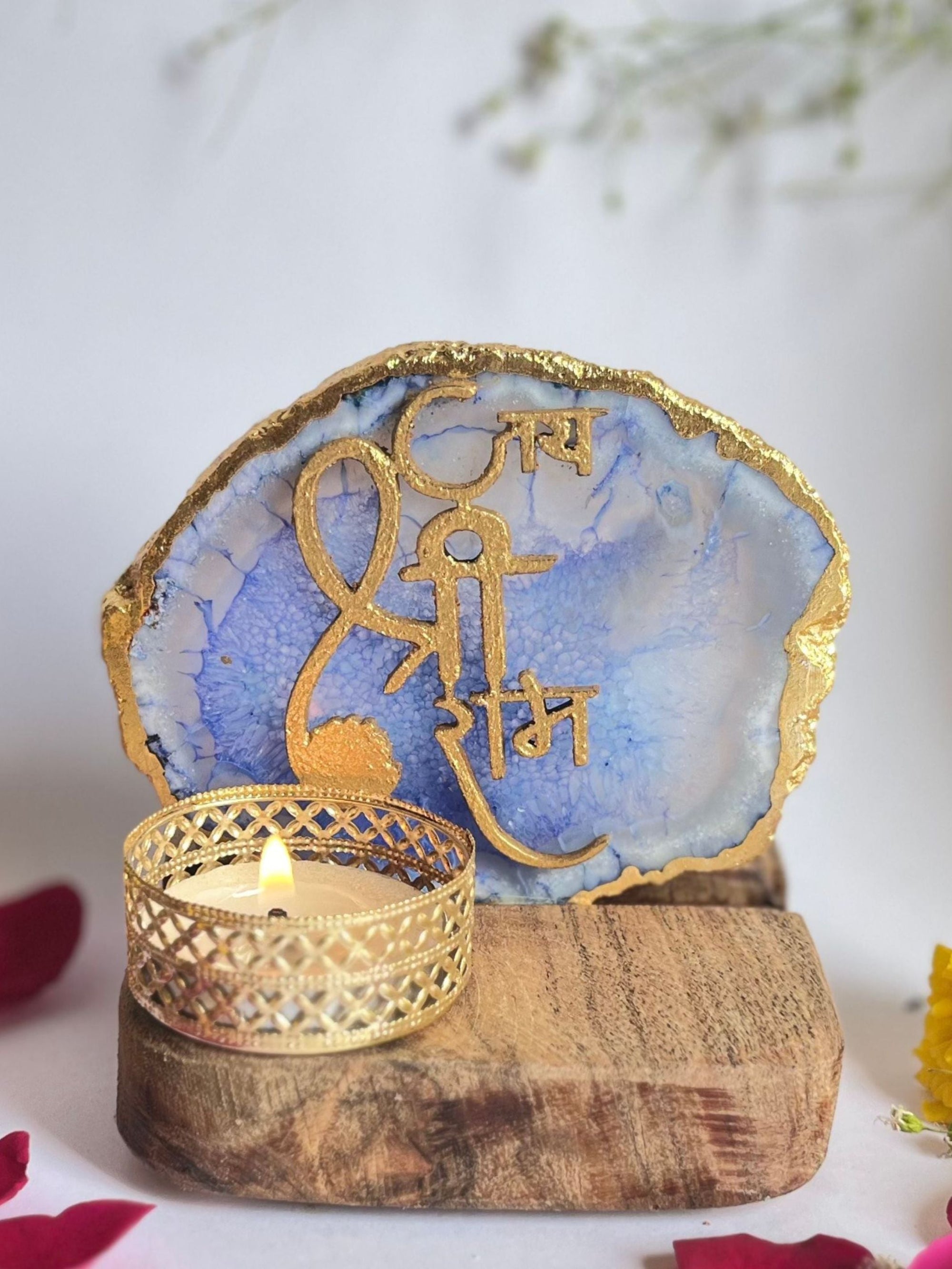 Jai Shree Ram - Agate Tea Light with Wood Stand