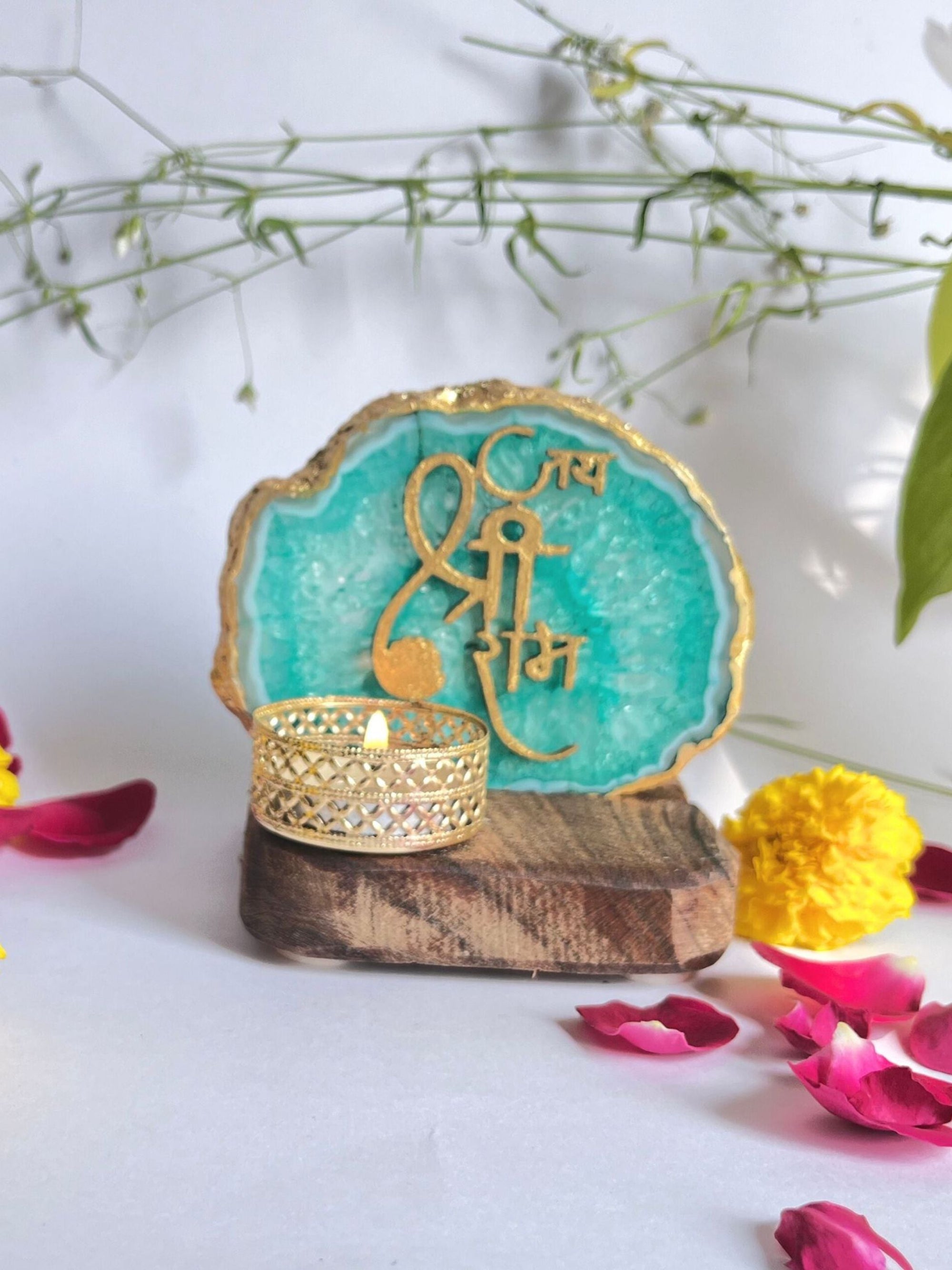 Jai Shree Ram - Agate Tea Light with Wood Stand