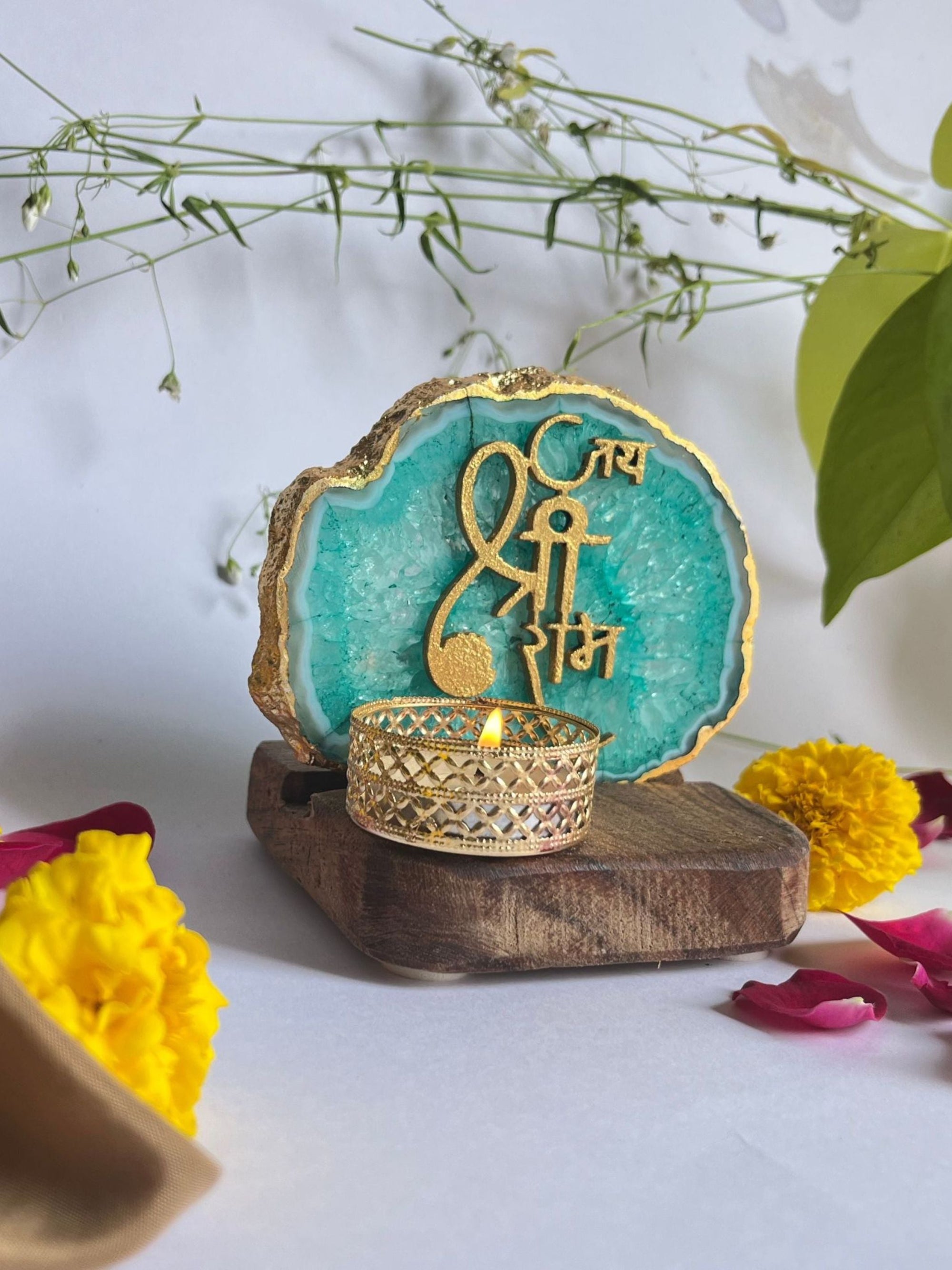 Jai Shree Ram - Agate Tea Light with Wood Stand