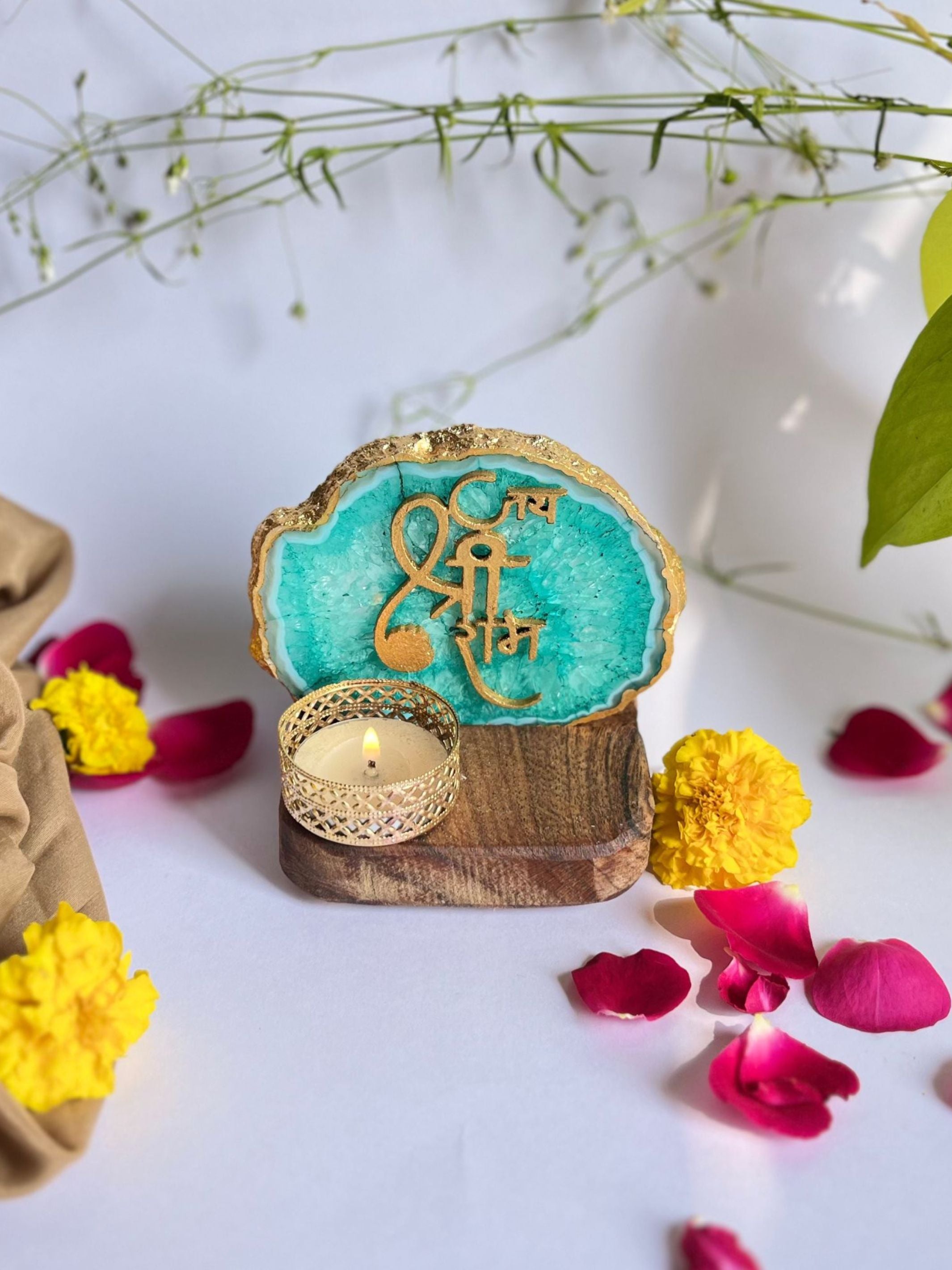 Jai Shree Ram - Agate Tea Light with Wood Stand