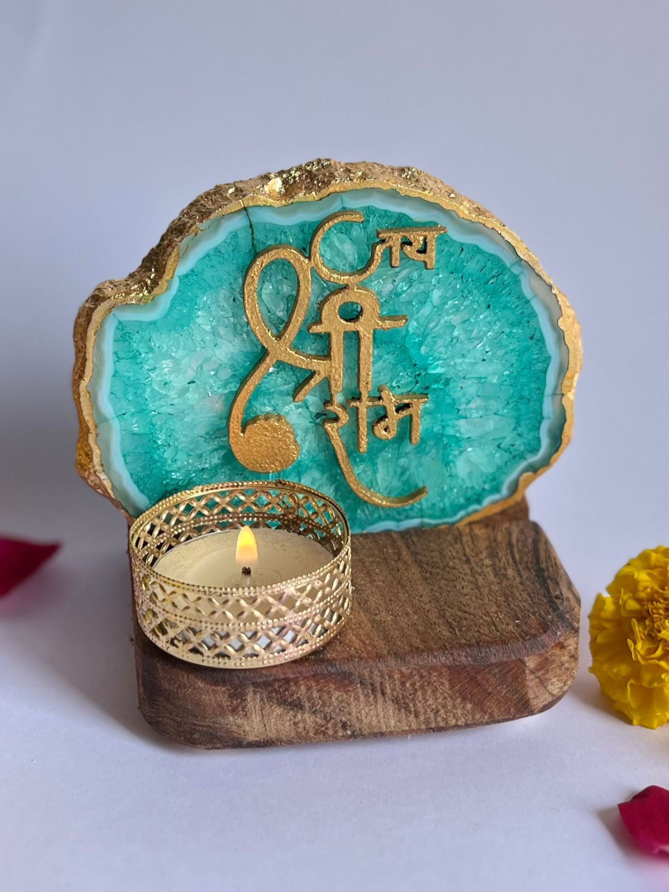Jai Shree Ram - Agate Tea Light with Wood Stand