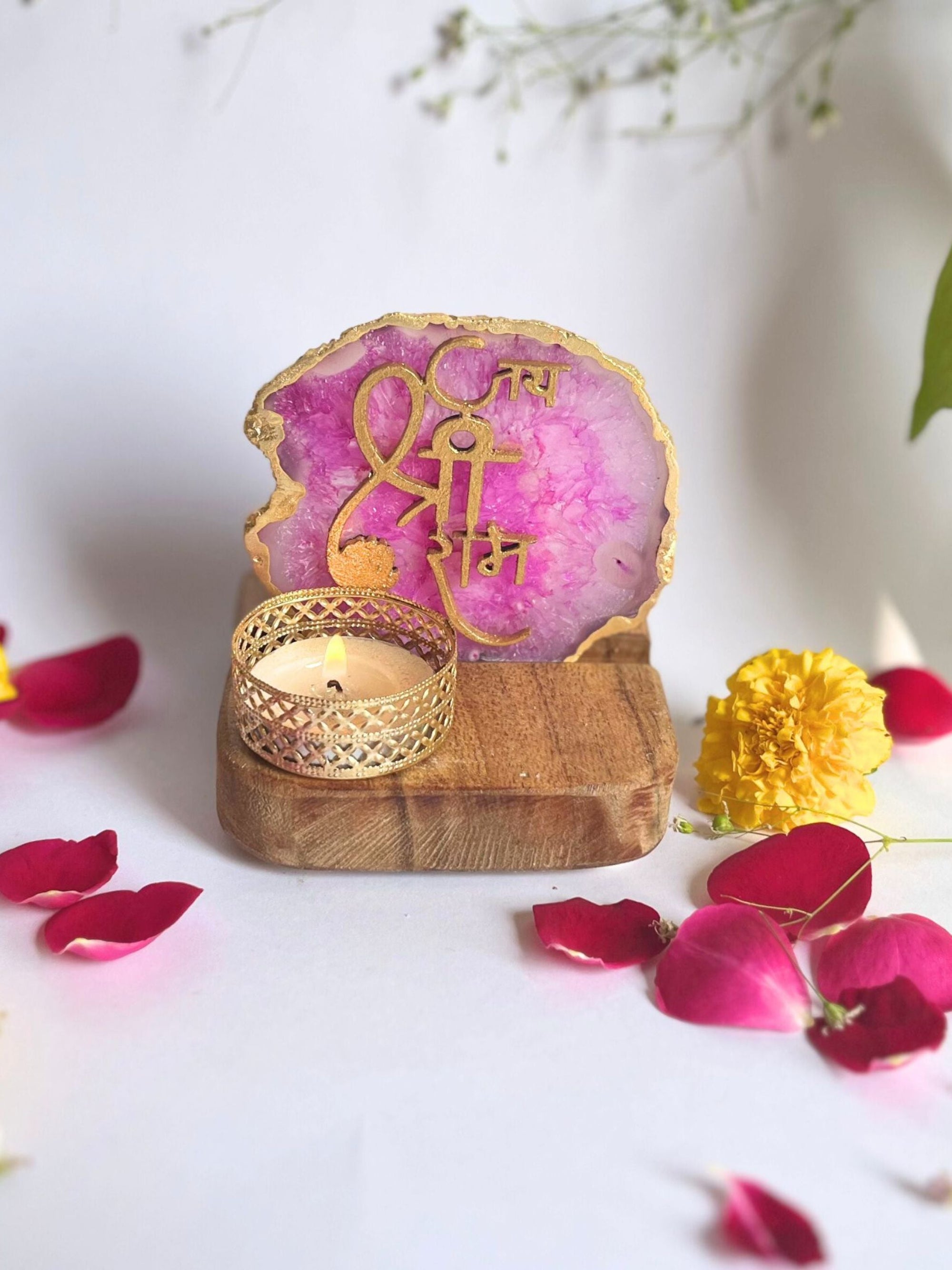 Jai Shree Ram - Agate Tea Light with Wood Stand