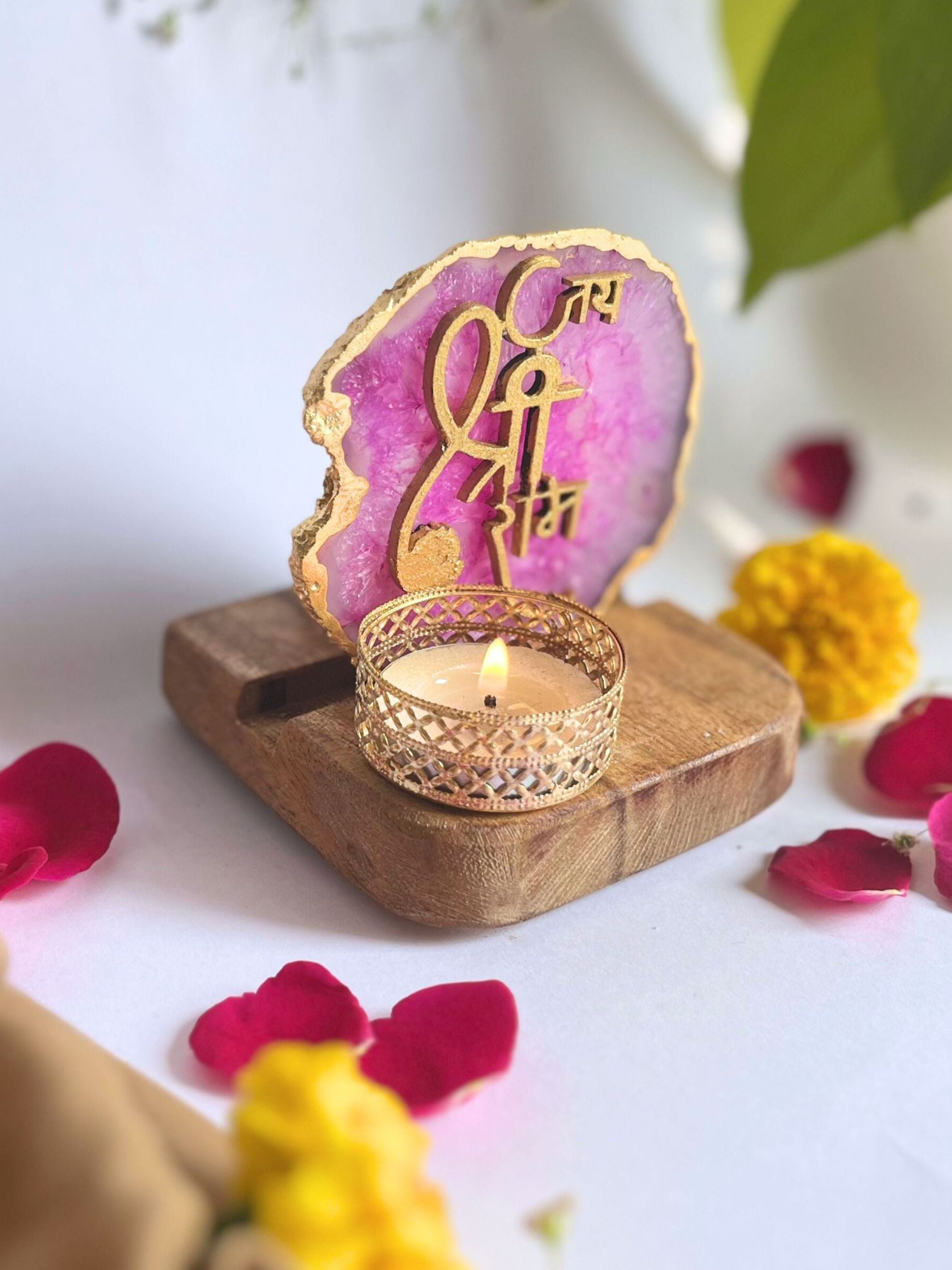 Jai Shree Ram - Agate Tea Light with Wood Stand
