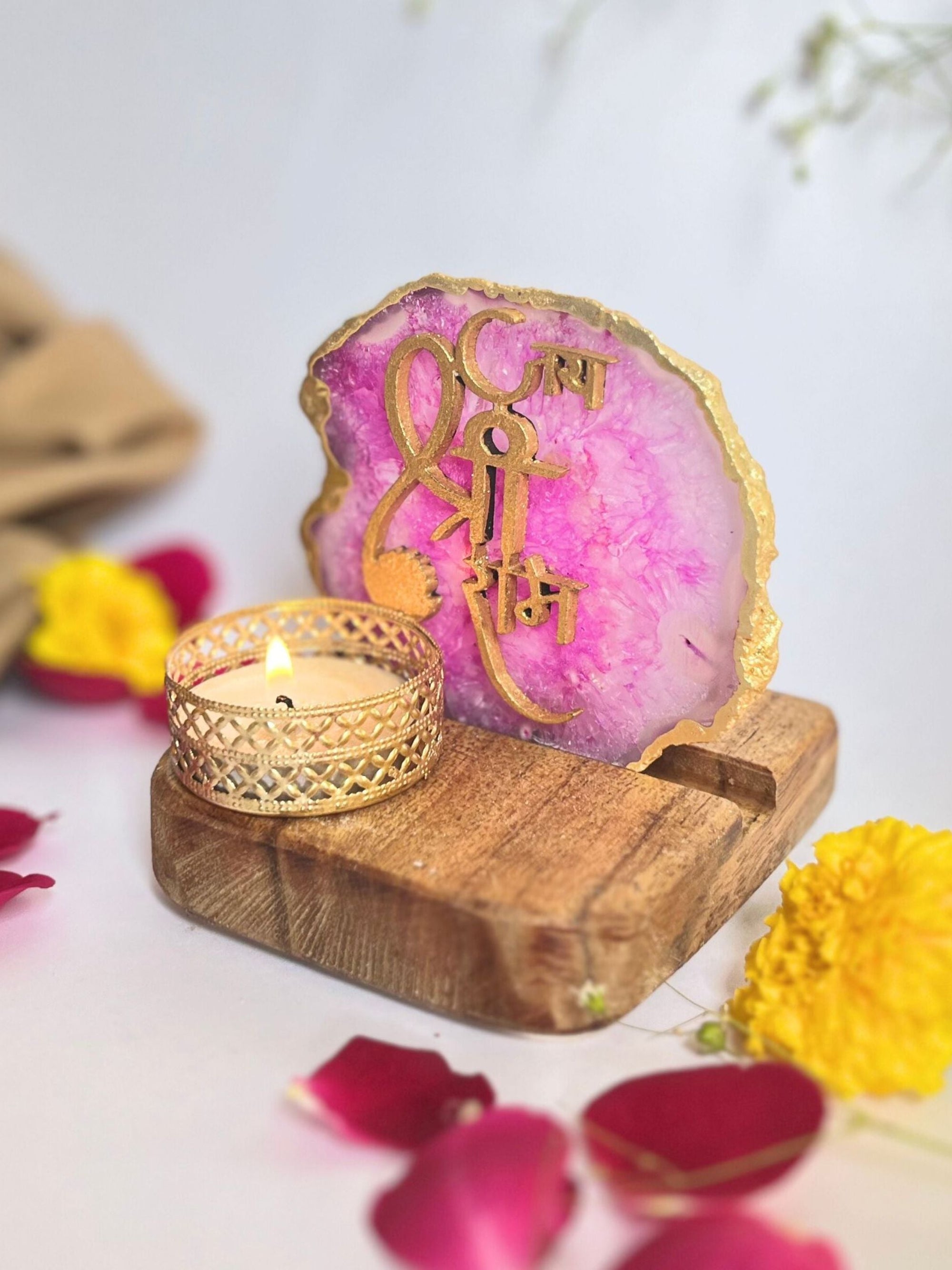 Jai Shree Ram - Agate Tea Light with Wood Stand