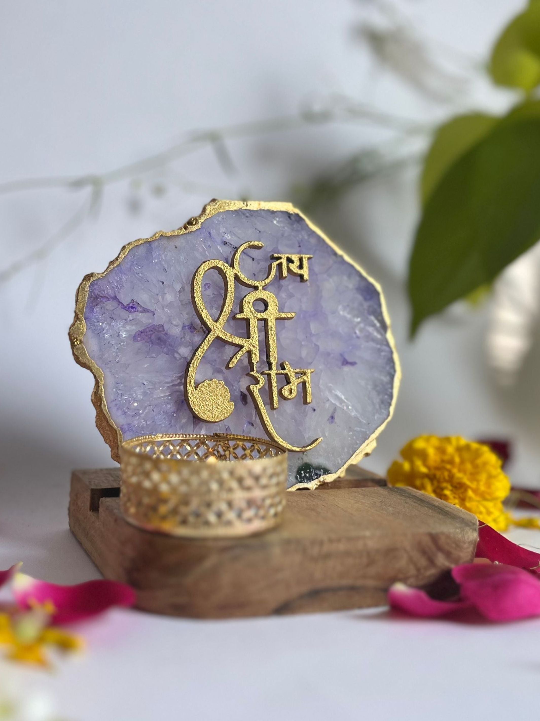 Jai Shree Ram - Agate Tea Light with Wood Stand