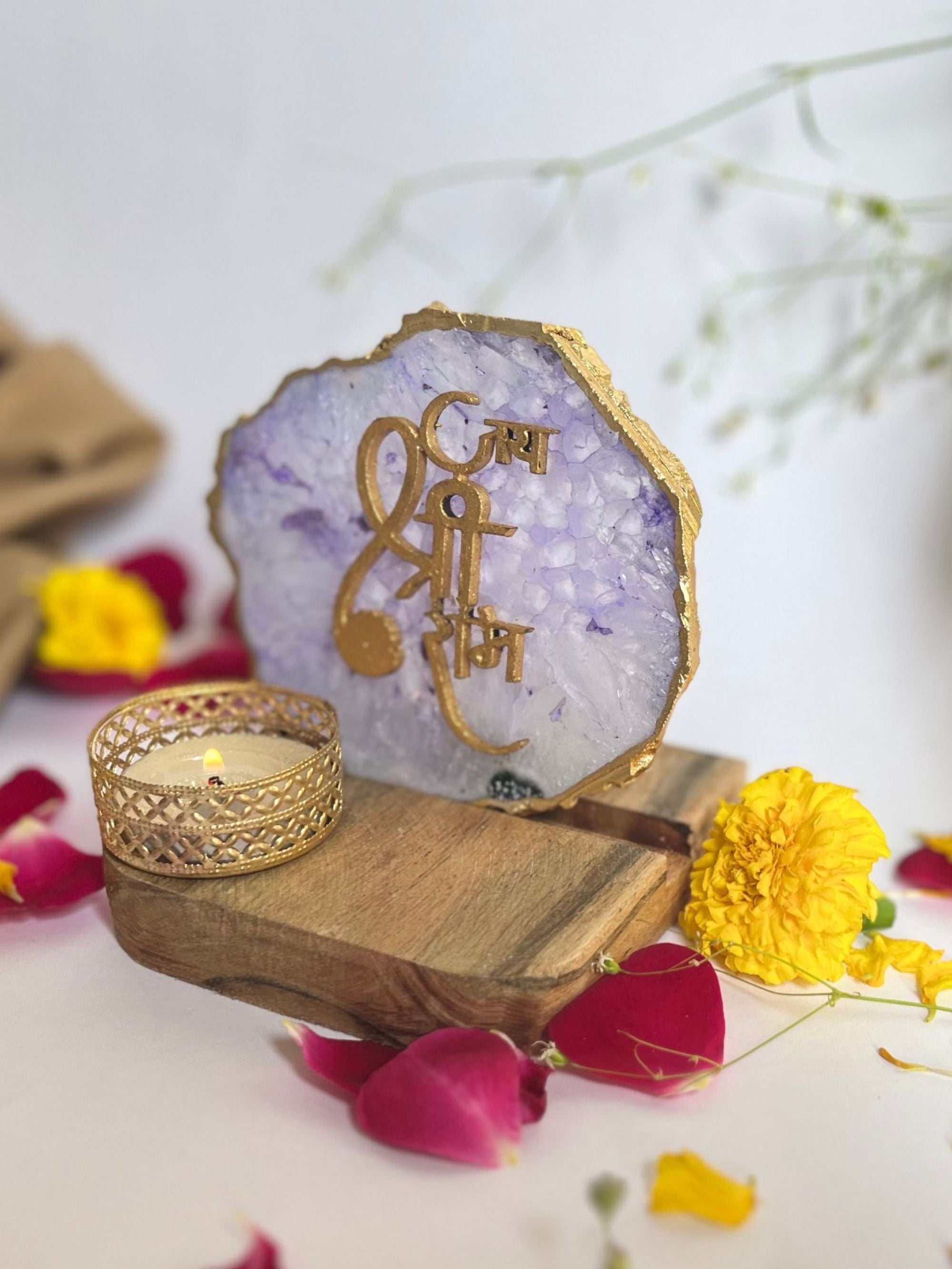 Jai Shree Ram - Agate Tea Light with Wood Stand