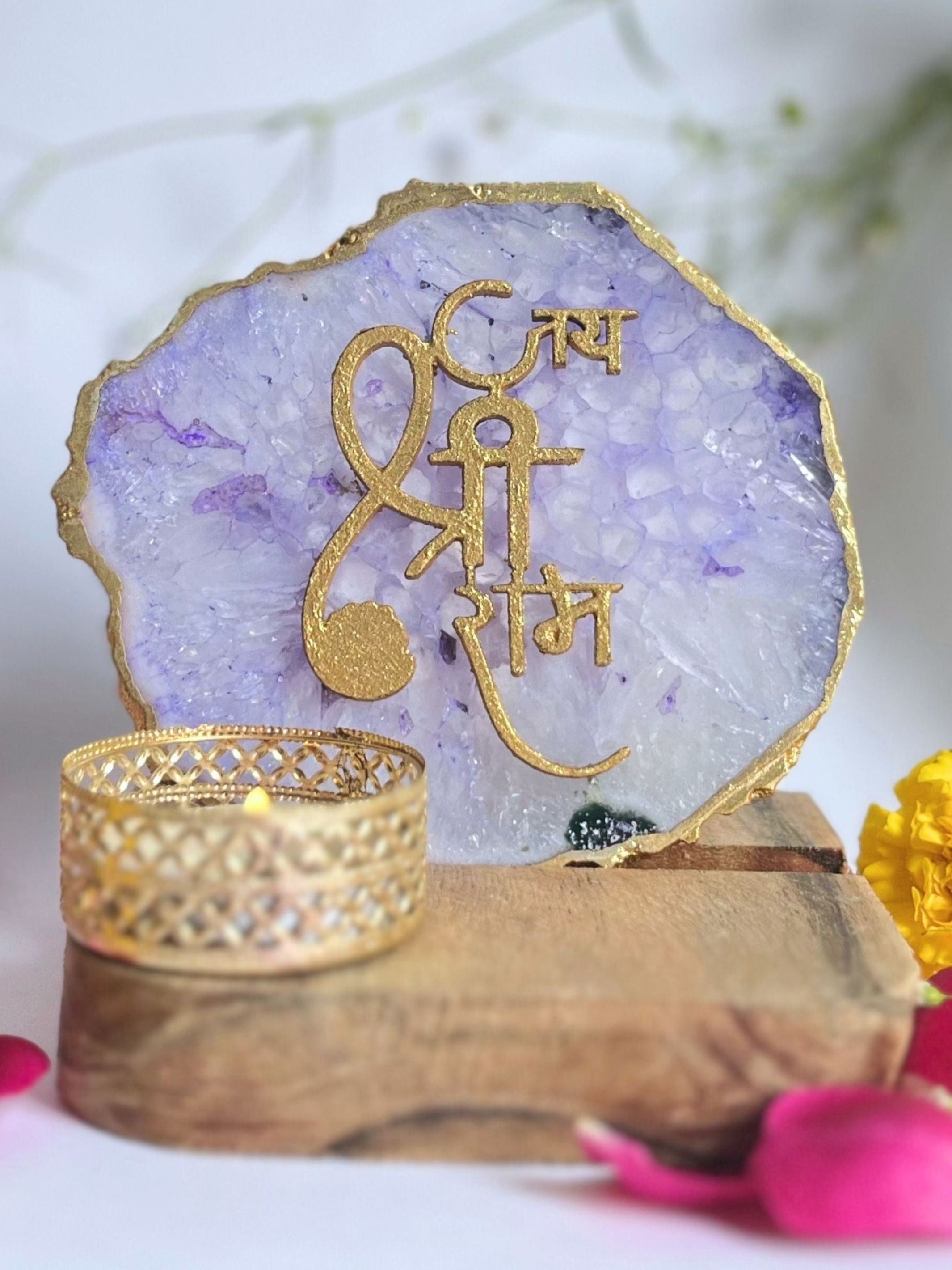 Jai Shree Ram - Agate Tea Light with Wood Stand