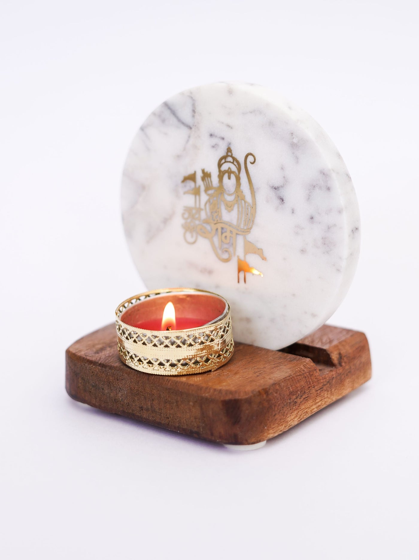 Tea Light Holder - Marble & Wood with Jai Shree Ram