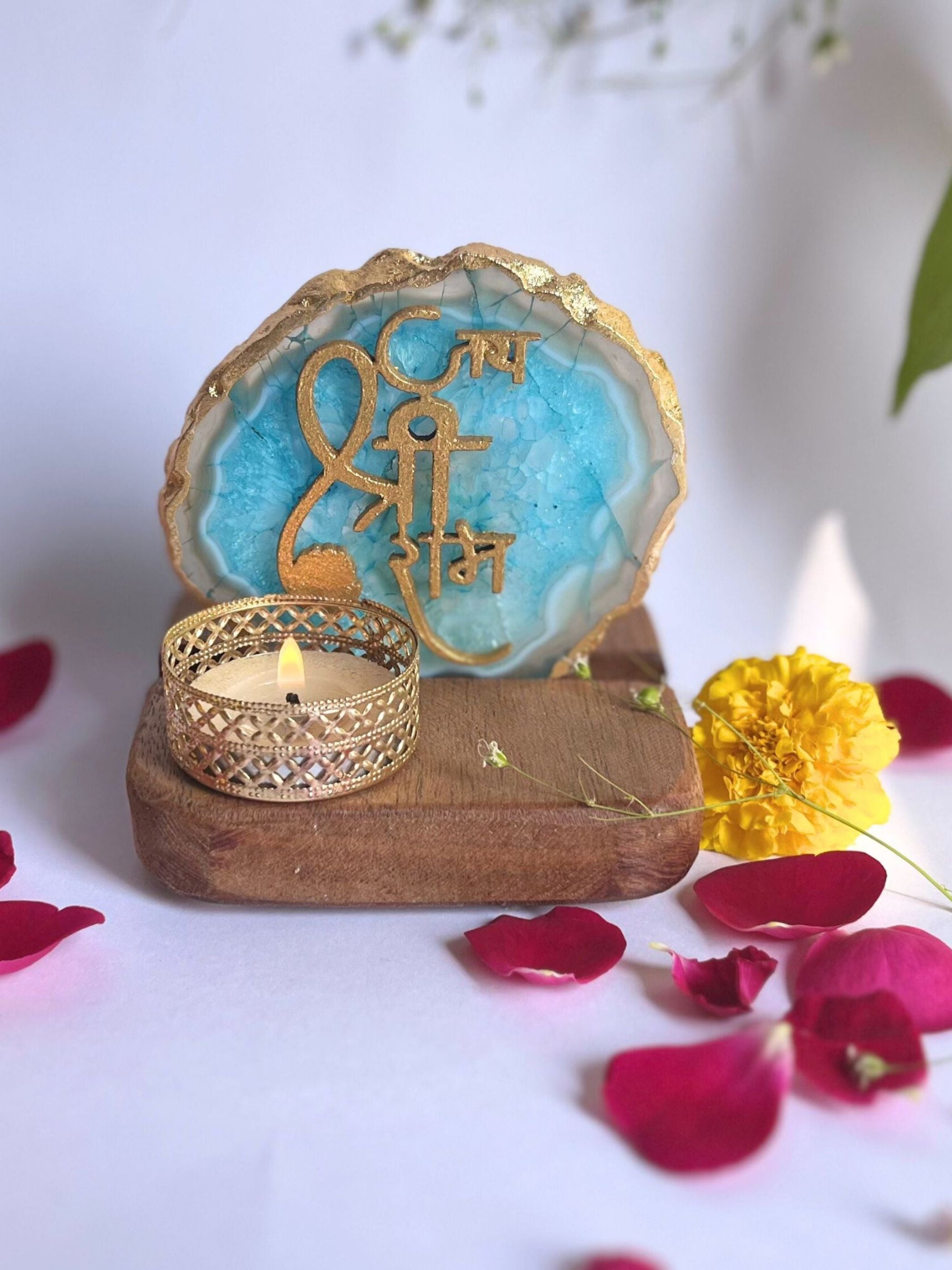 Jai Shree Ram - Agate Tea Light with Wood Stand
