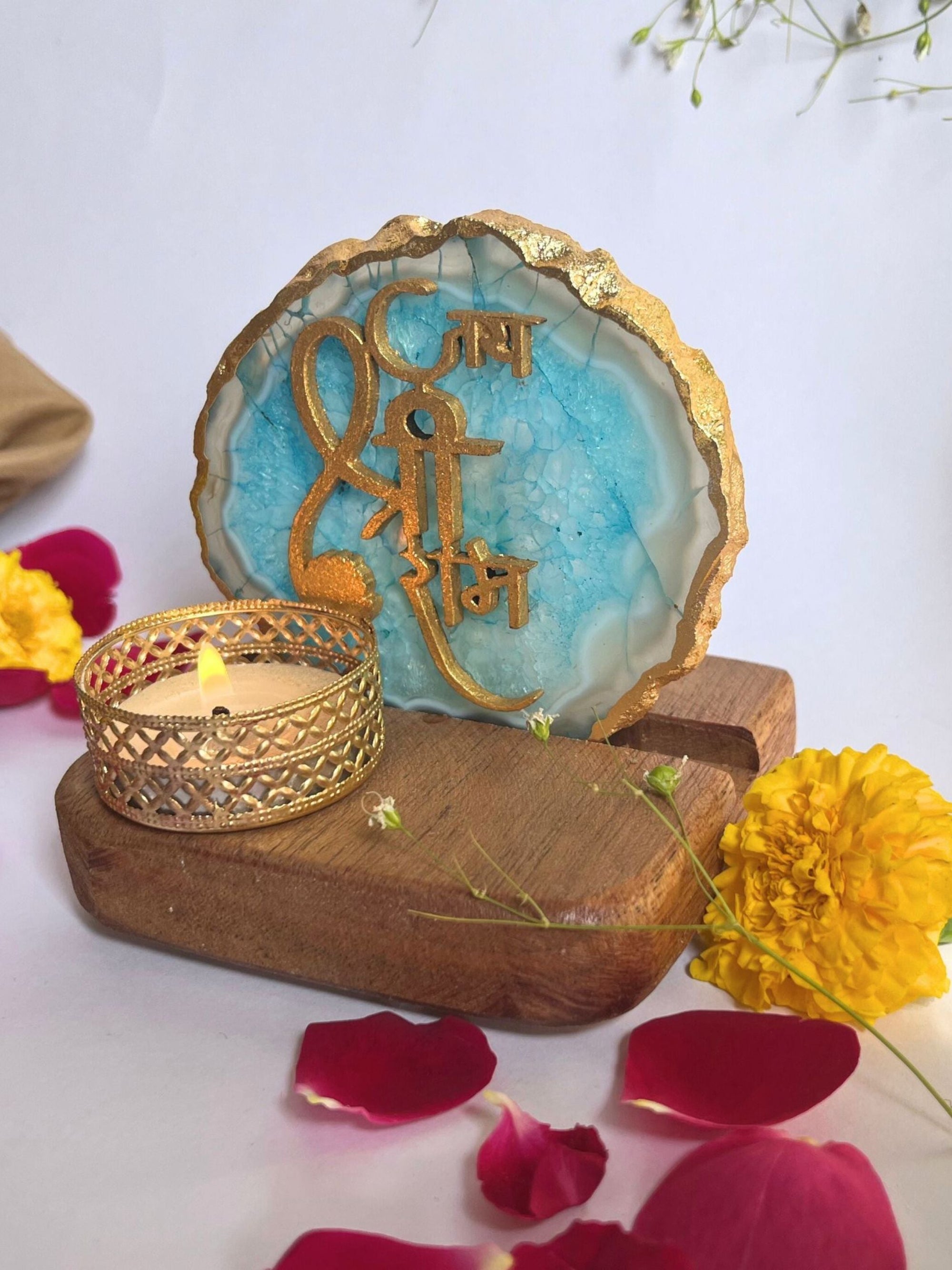 Jai Shree Ram - Agate Tea Light with Wood Stand