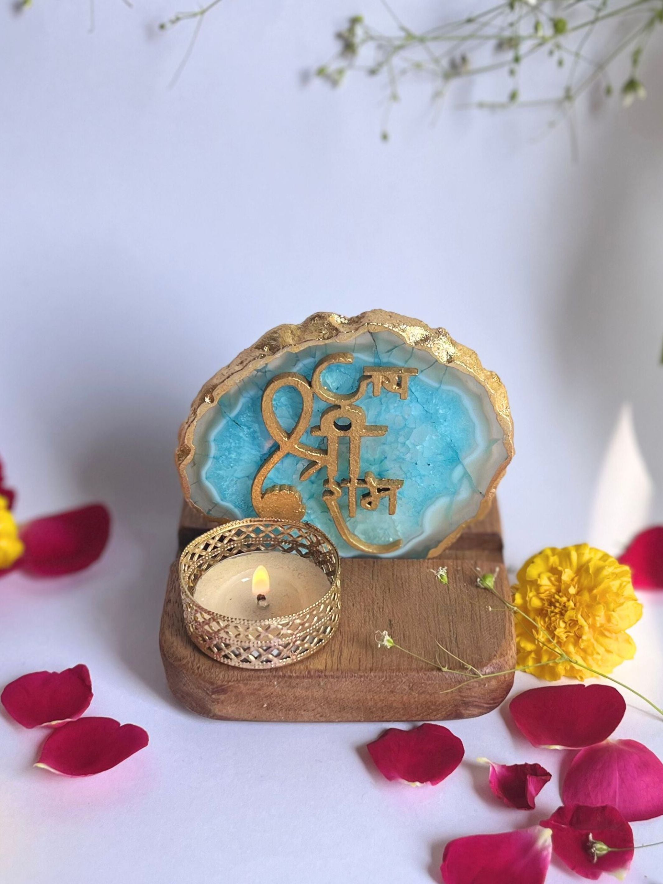 Jai Shree Ram - Agate Tea Light with Wood Stand