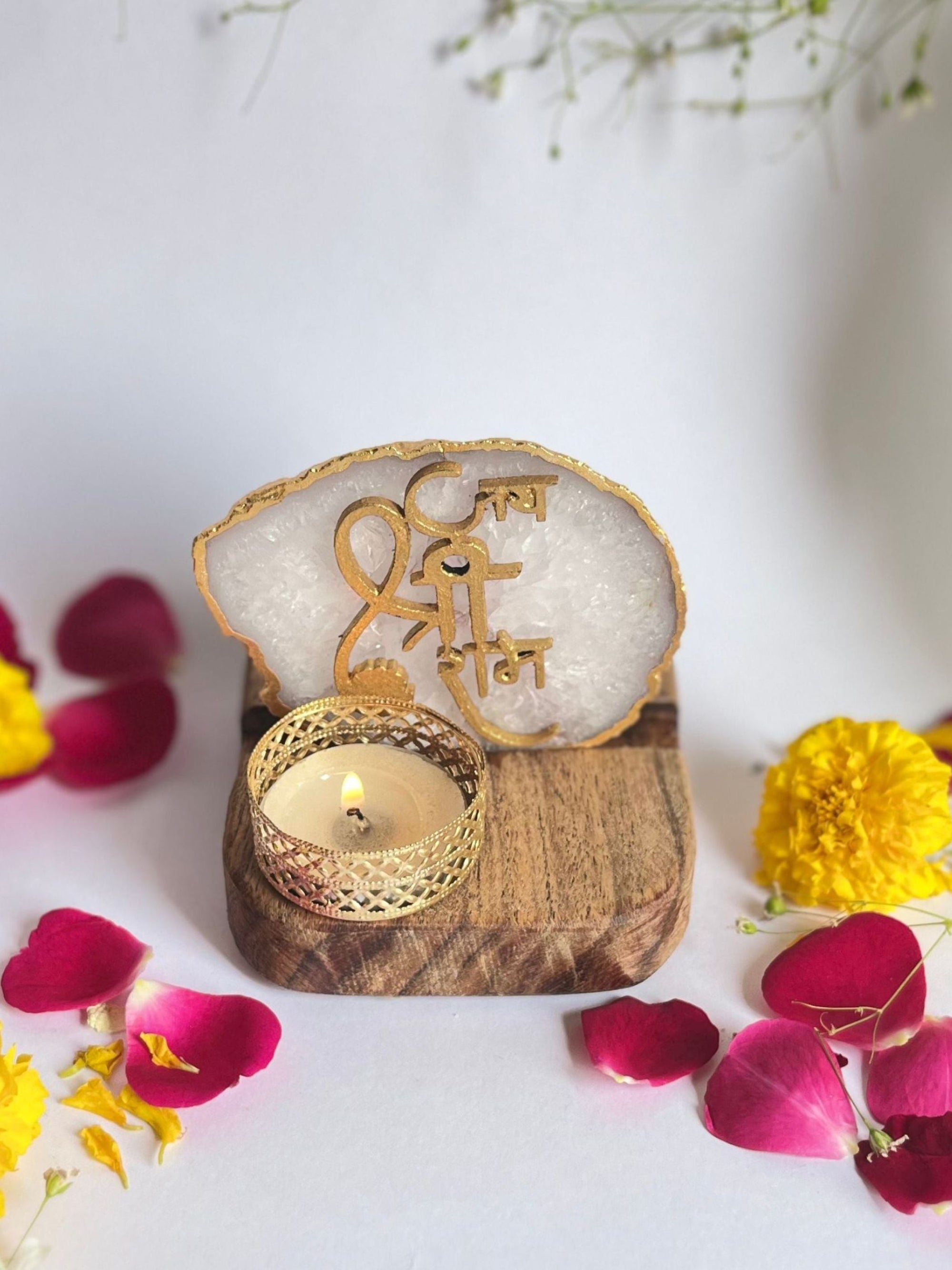 Jai Shree Ram - Agate Tea Light with Wood Stand