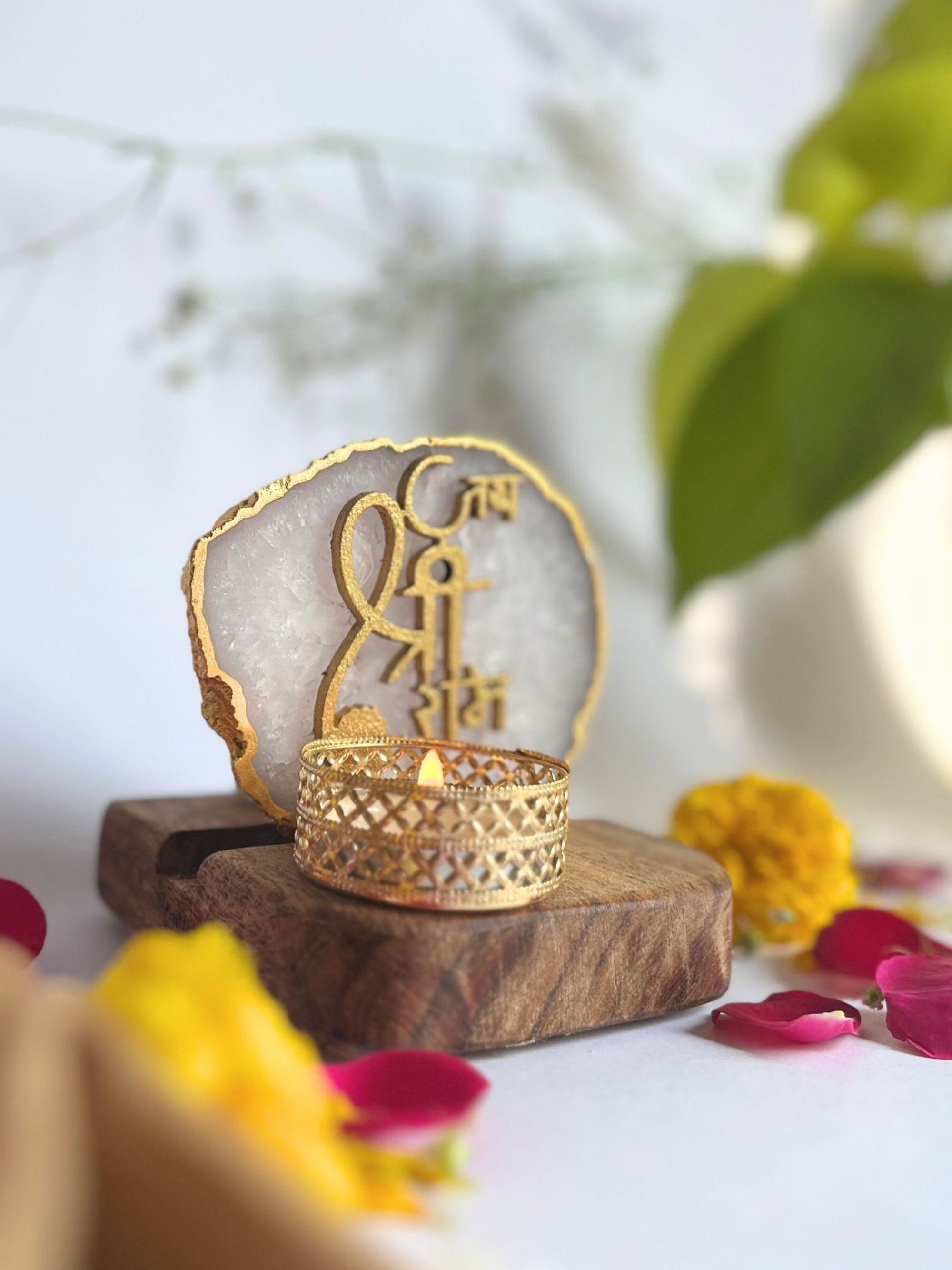Jai Shree Ram - Agate Tea Light with Wood Stand