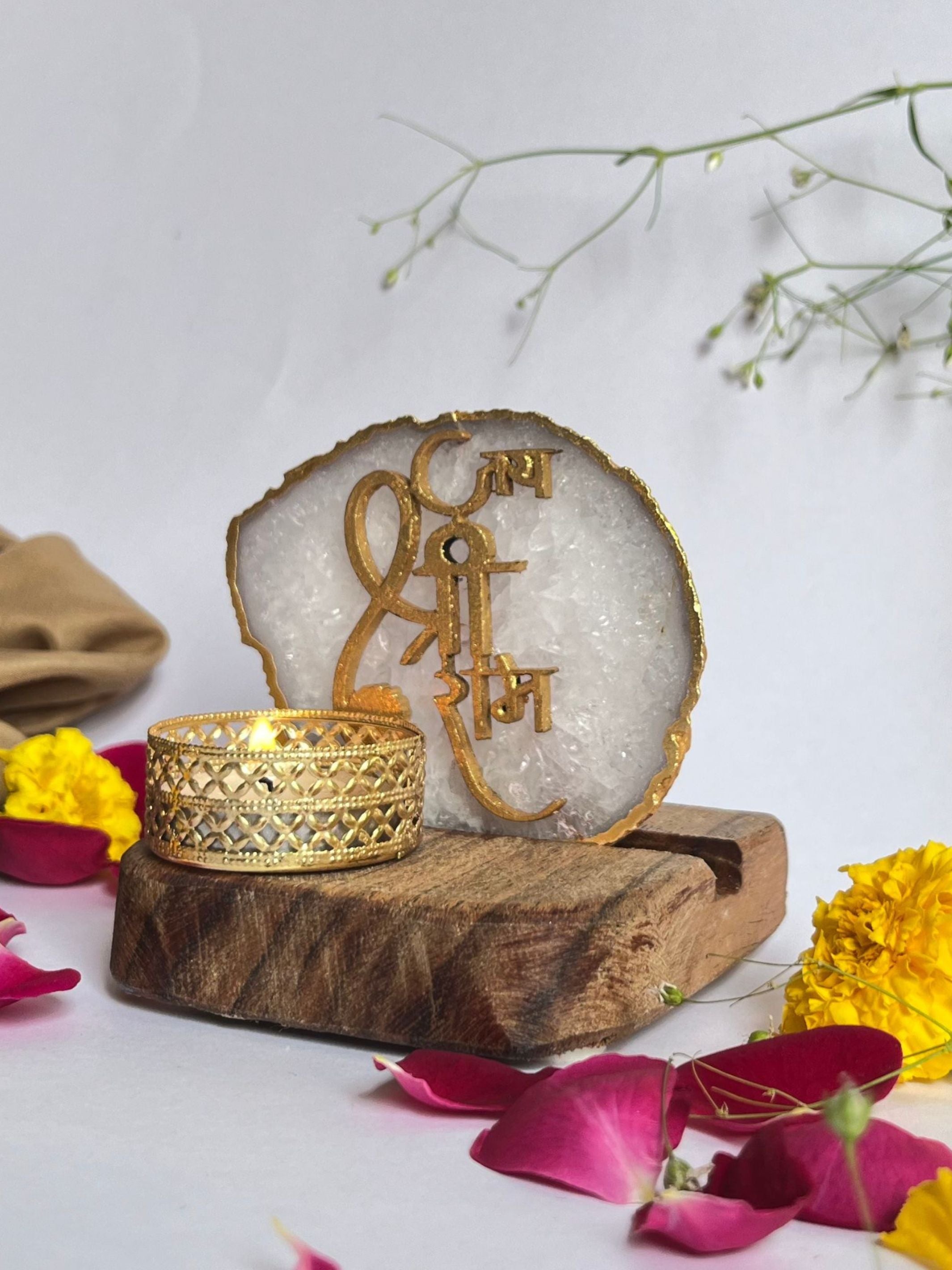 Jai Shree Ram - Agate Tea Light with Wood Stand